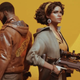 Deathloop's leads, Julianna and Colt, stand with their backs to each other, Julianna glancing toward the camera and holding a sniper rifle.